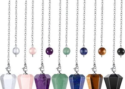 White, pink, purple, green, blue, yellow, and black crystal pendulums